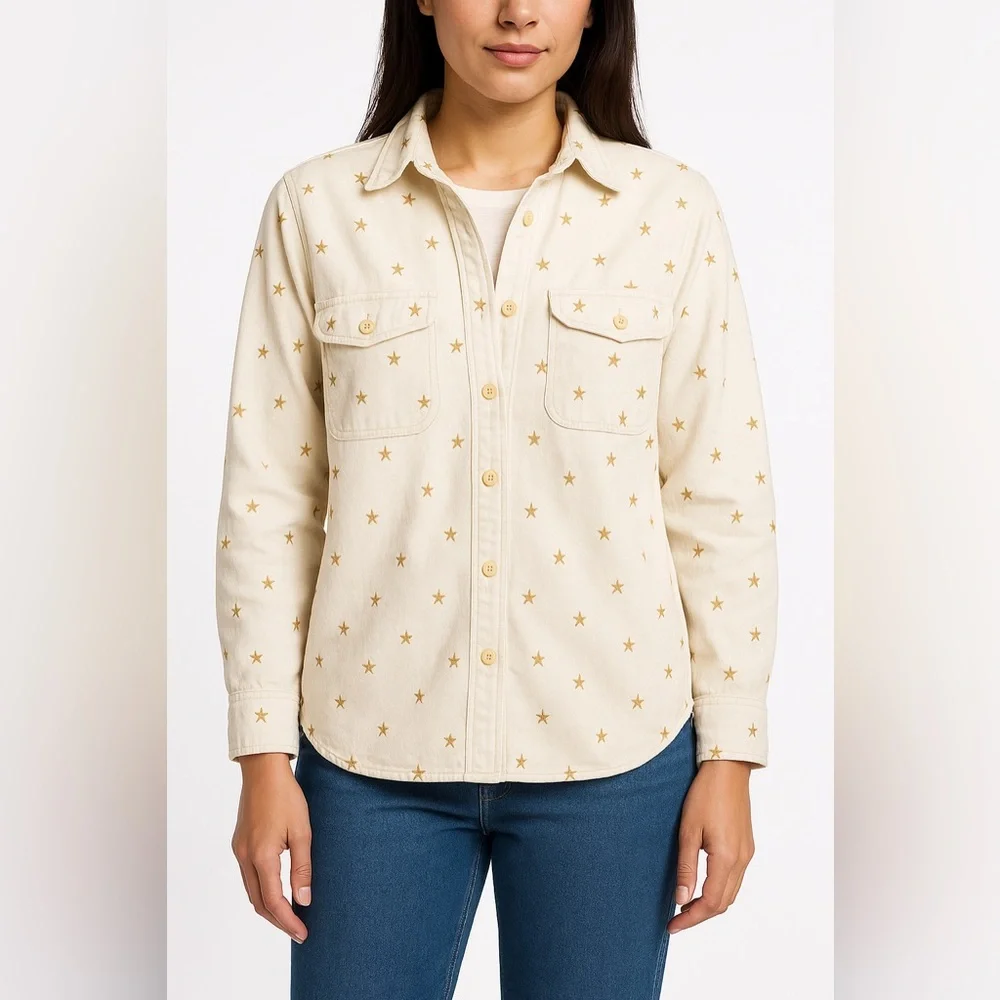 J.Crew Star Embroidered Utility Shirt Shacket Cream Gold Stars Button Front Sz S
